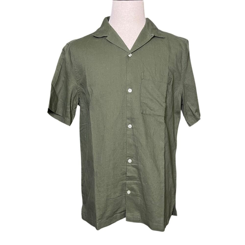 Gap Linen Cotton Camp Collar Shirt Mens Medium Olive Green Short Sleeve NWT